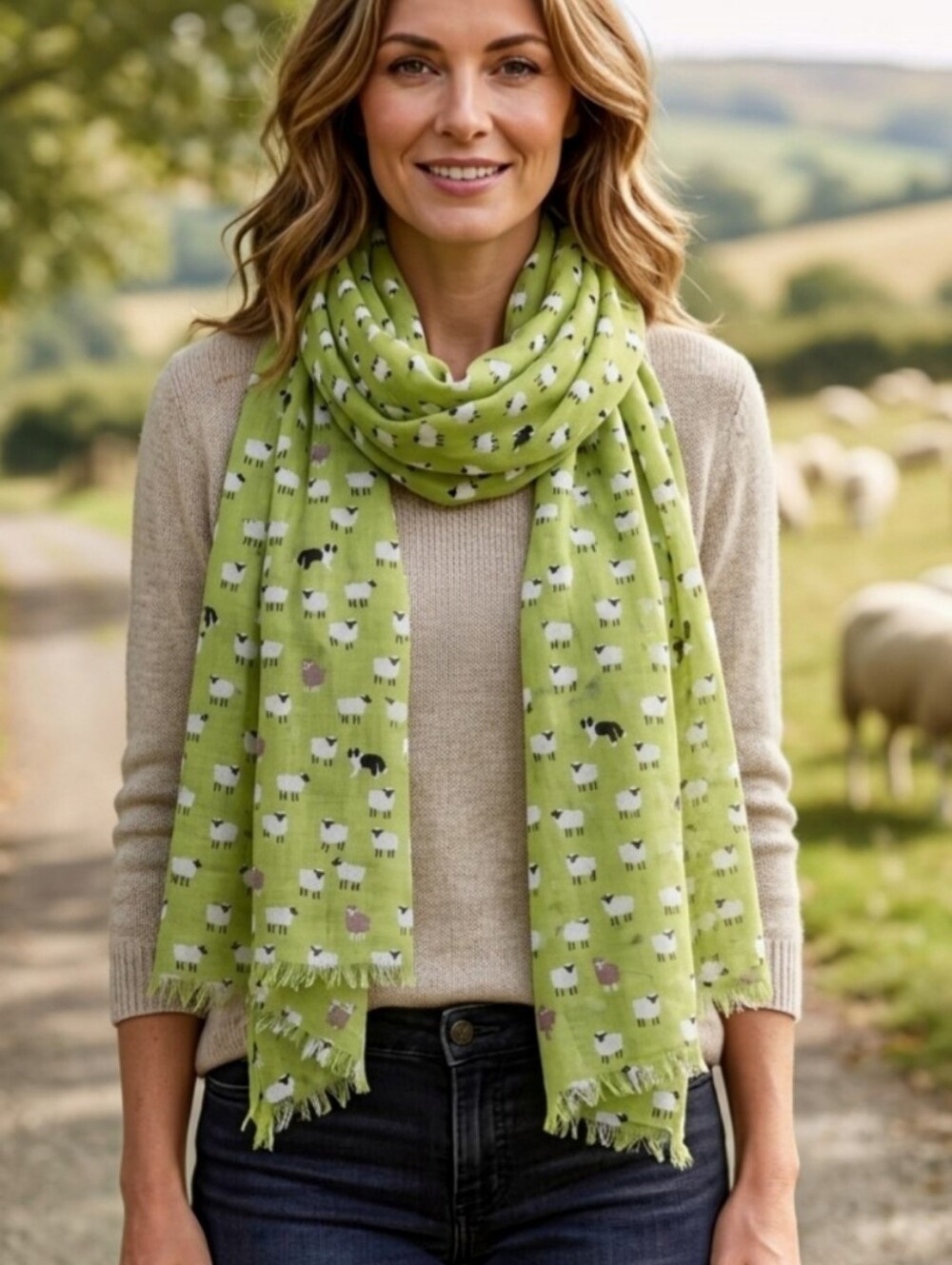 Erin Knitwear NWT Whimsical Lime Green Sheep & Border Collie Print Fringe Scarf